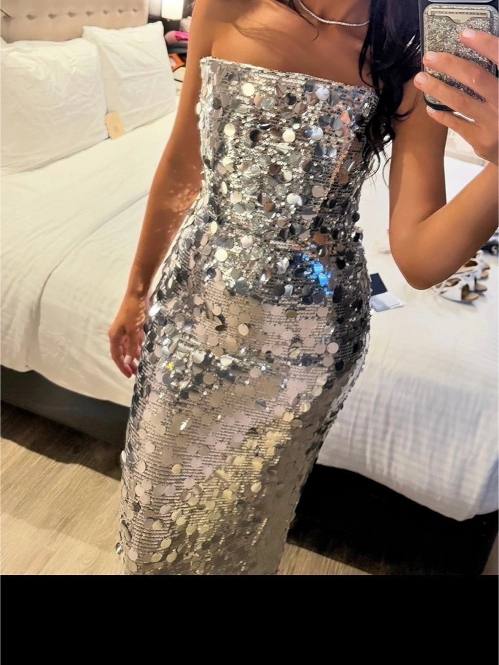 Bronx and Banco Farrah Silver Sequin Strapless Gown